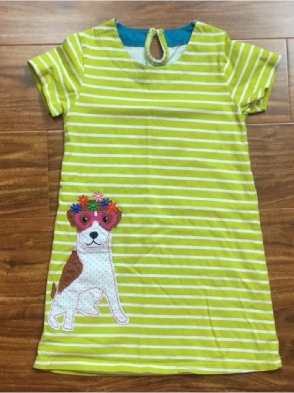 3/$25 Amazon Girls Chartreuse Stripe Embroidered Dog Patch Shift Dress Size 3T